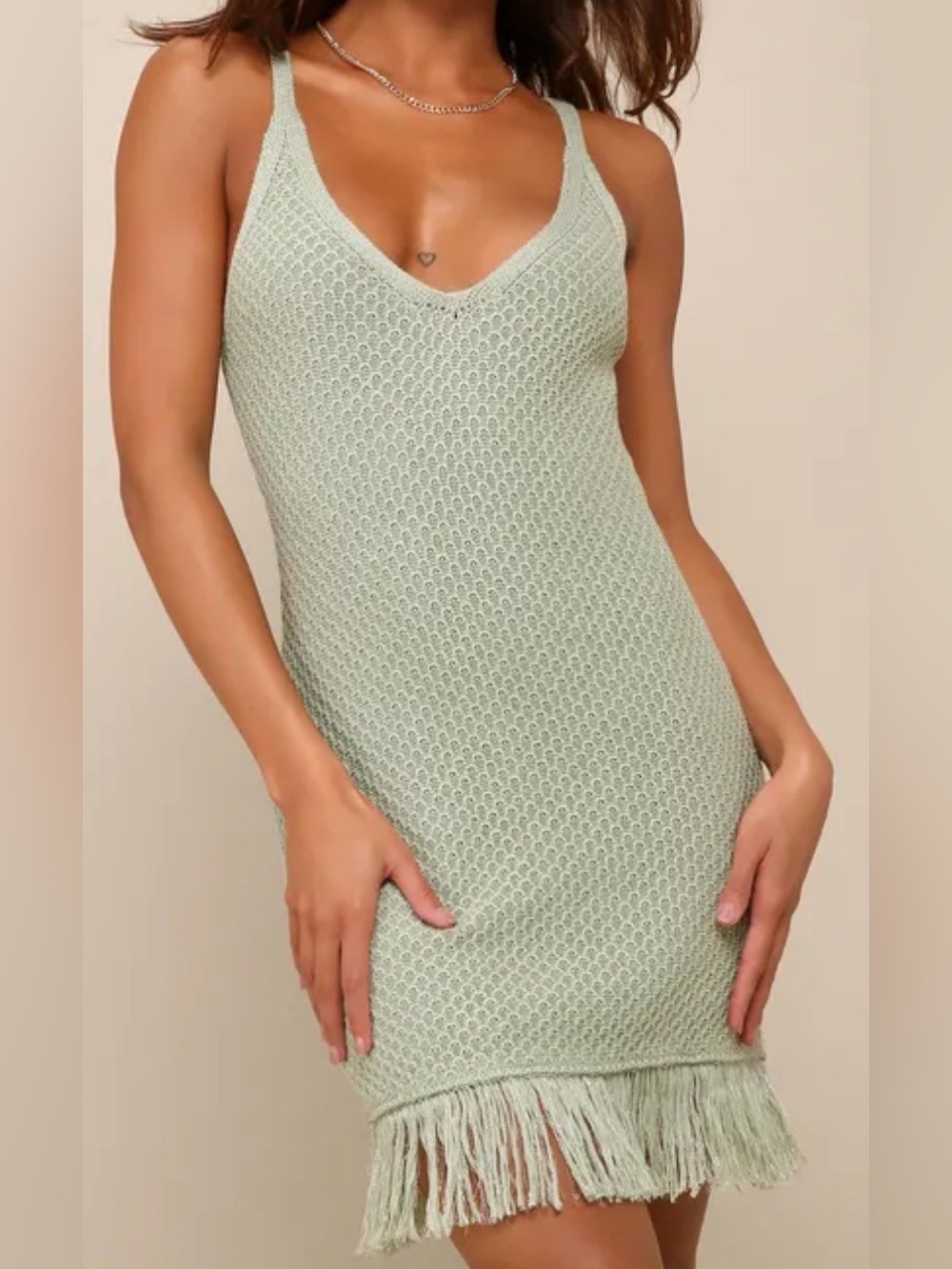 Lulu's Island Muse Sage Green Sparkle Fringe Mini Dress Size L